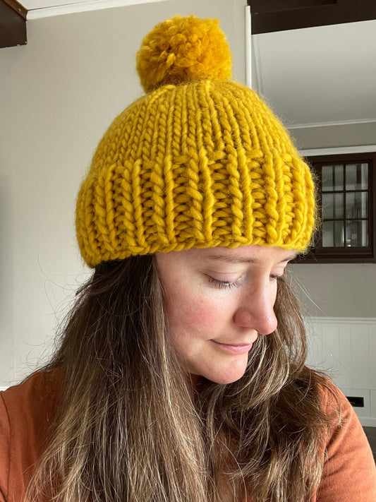 mustard yellow handknit winter hat